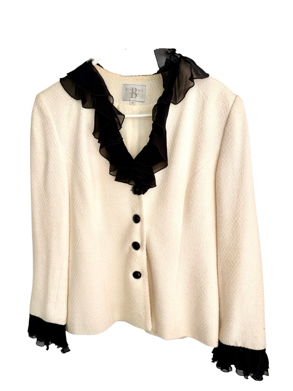 Cream Blazer Jacket with Black Ruffle Trim